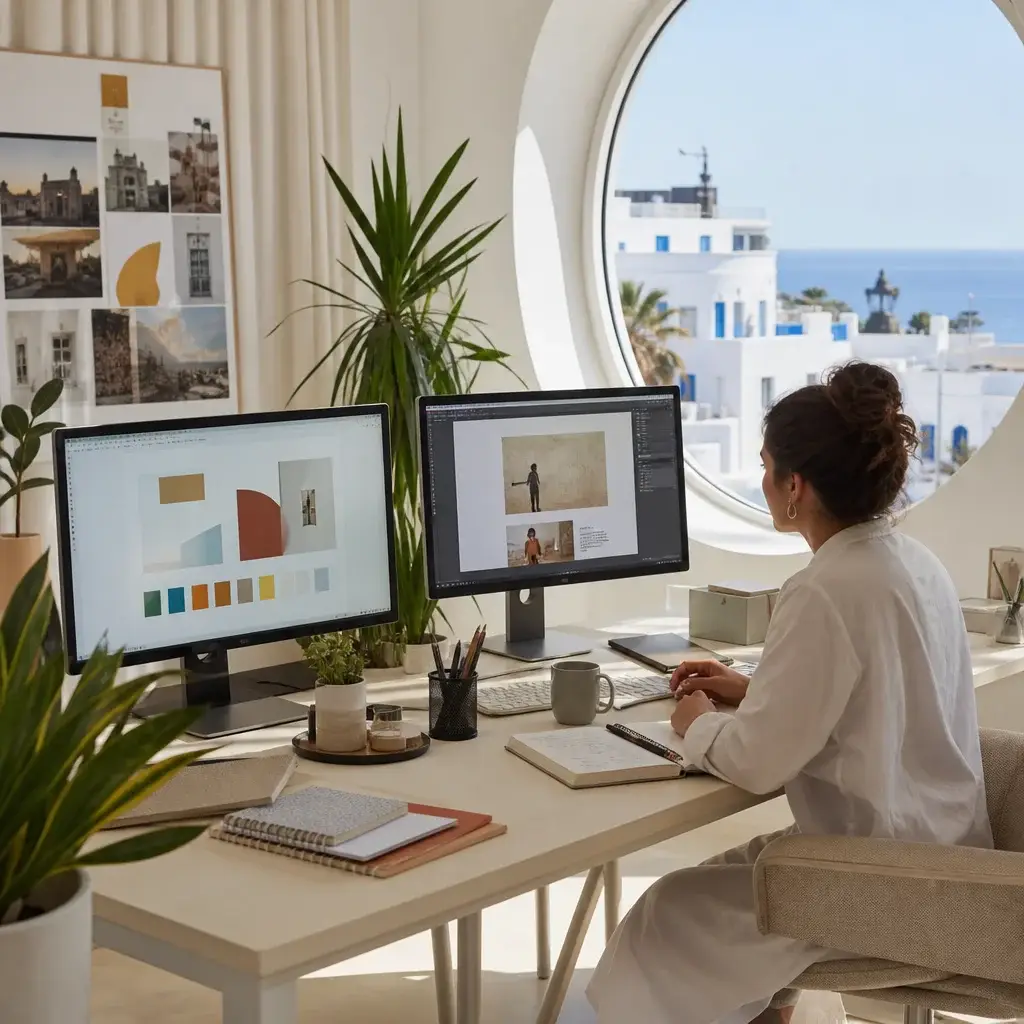 A bright digital studio overlooking a coastal Tunisian town.