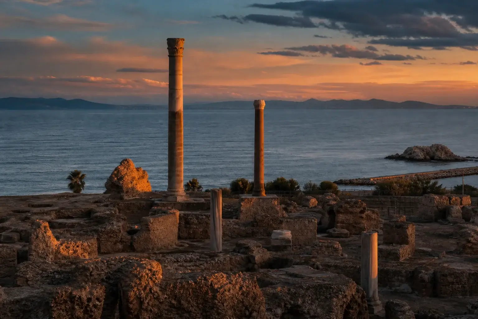 Roman columns at Carthage with the Mediterranean beyond.