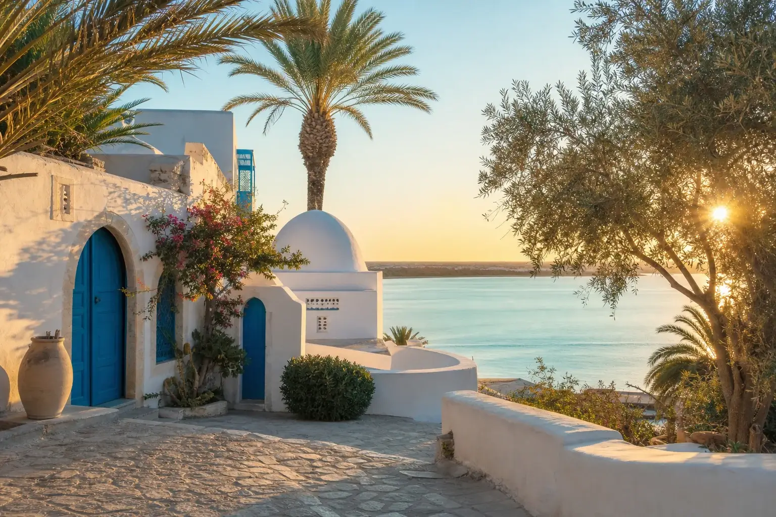 Djerba’s white architecture, palms and turquoise lagoon.