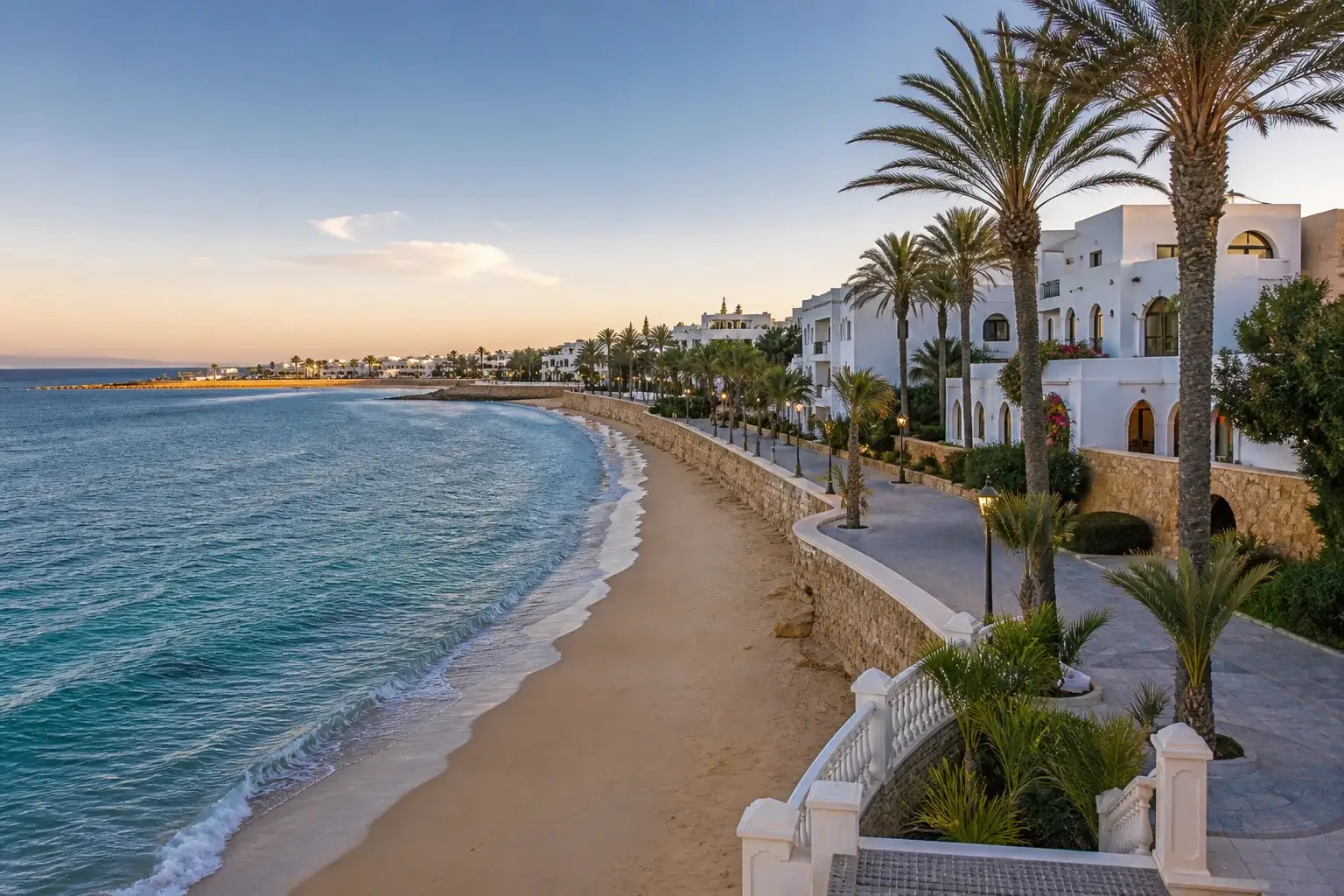 Hammamet coastline with white villas and turquoise sea.