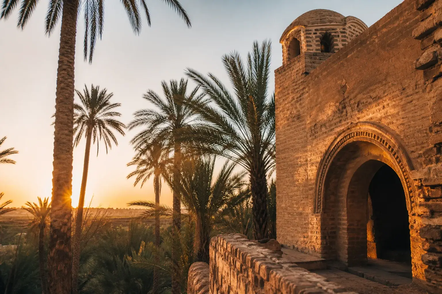 Palm groves and warm brick architecture in Tozeur.