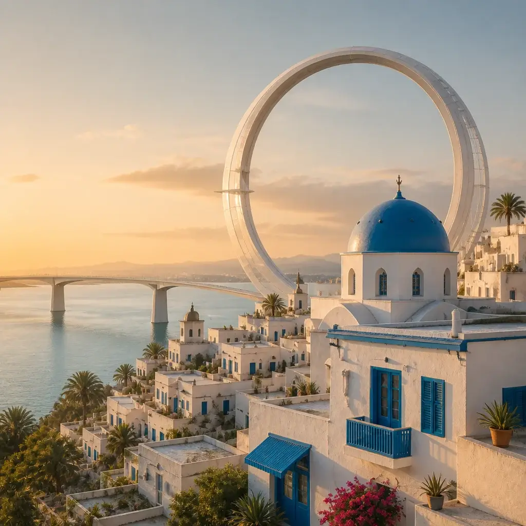 A Tunisian coastal village of white houses and blue domes beside the Mediterranean, with a circular 2060 architectural ring in the landscape.