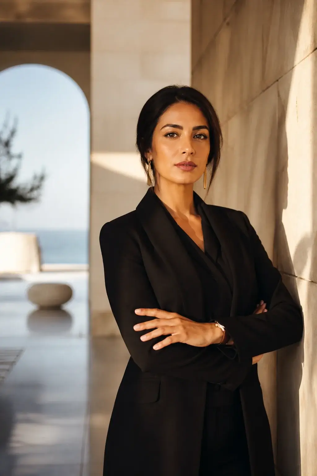 Portrait of Leila Ben Youssef in a limestone interior with gold light.