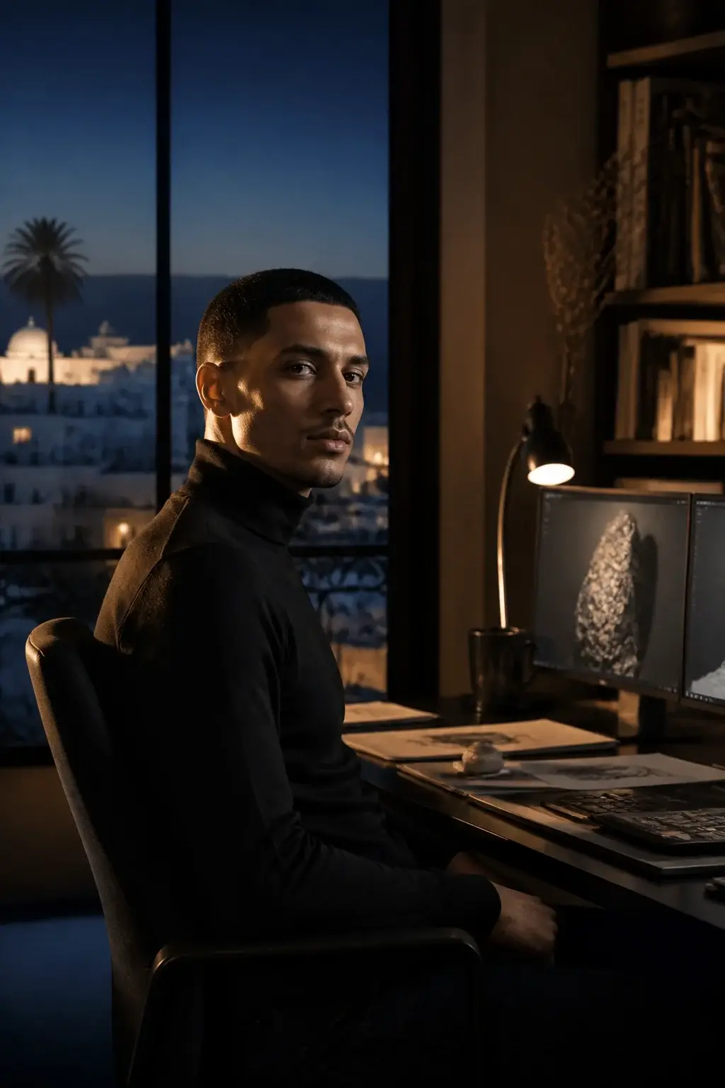 Portrait of Youssef Triki in a night studio above Sidi Bou Said rooftops.